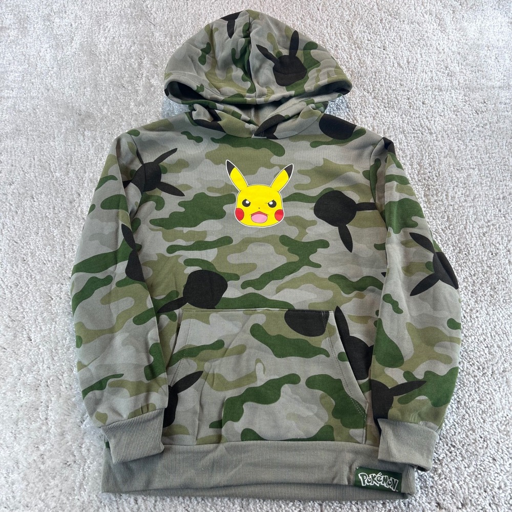 Pokemon Pikachu Boys Camo Fleece Hoodie Mad Engine Green Grey Size Medium NWT